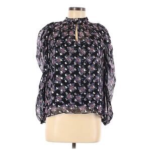 Shoshanna Glam Black Purple Metallic Floral Print Mock Neck Blouse Top XS $340